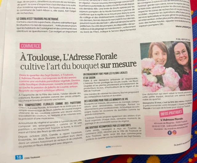 On parle de nous 🤗
Belle journée à tous....
.
.
.
.
#ladresseflorale #fleuristetoulouse #fleuristdequartier # article #presse #locale